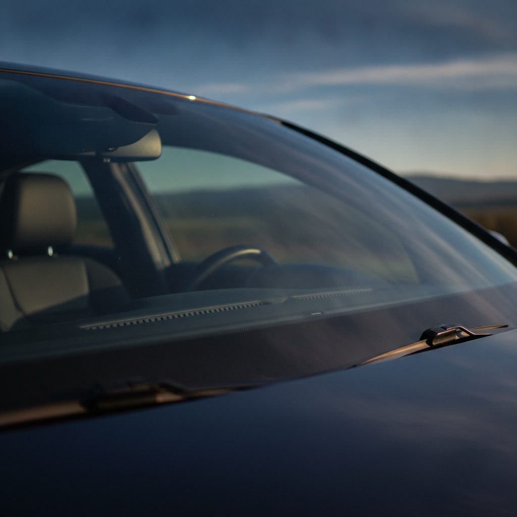 Close detail of a clean car windshield reflecting blue sky
